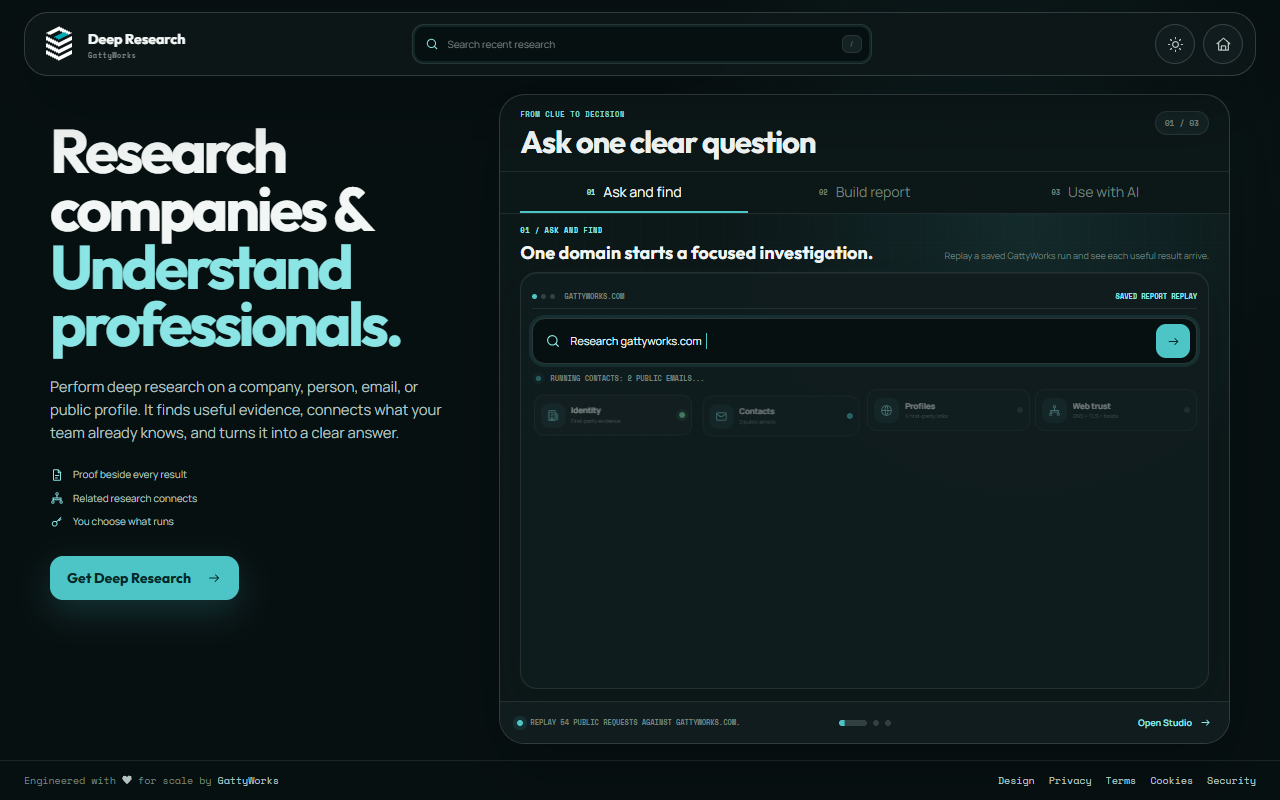 GattyWorks Deep Research website showing a company research workflow and saved report replay