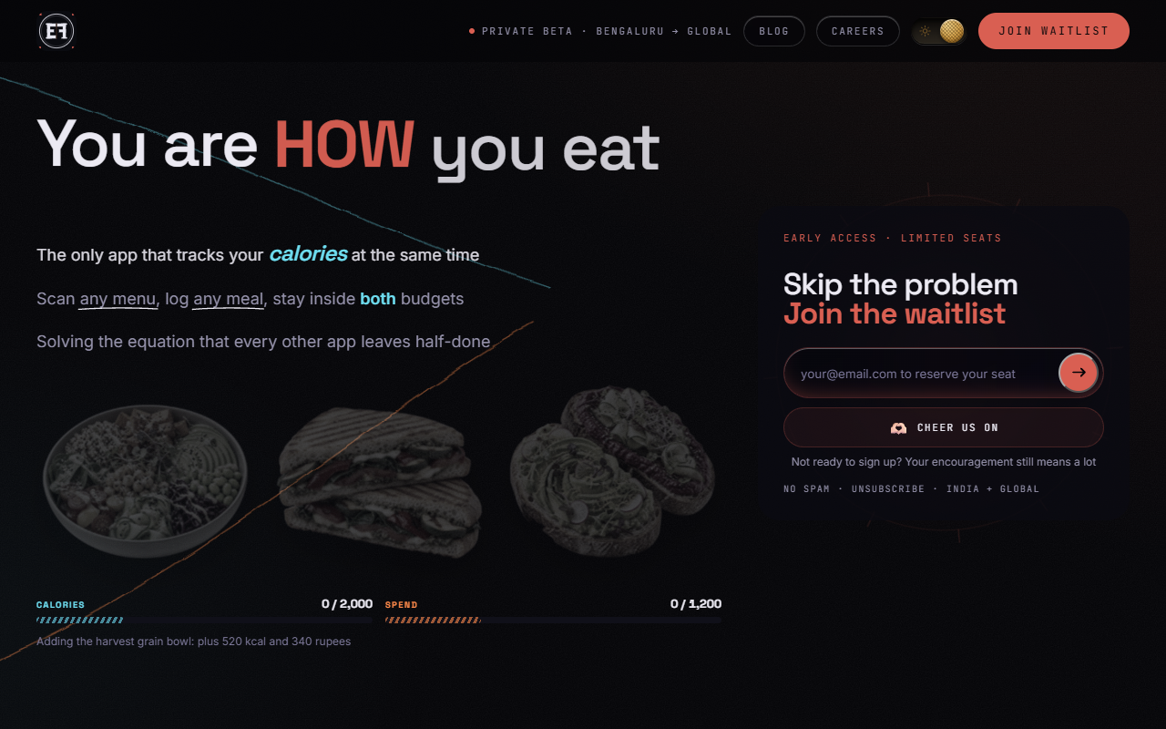 Edible Factor website showing meal previews, calorie and spending budgets, and a waitlist
