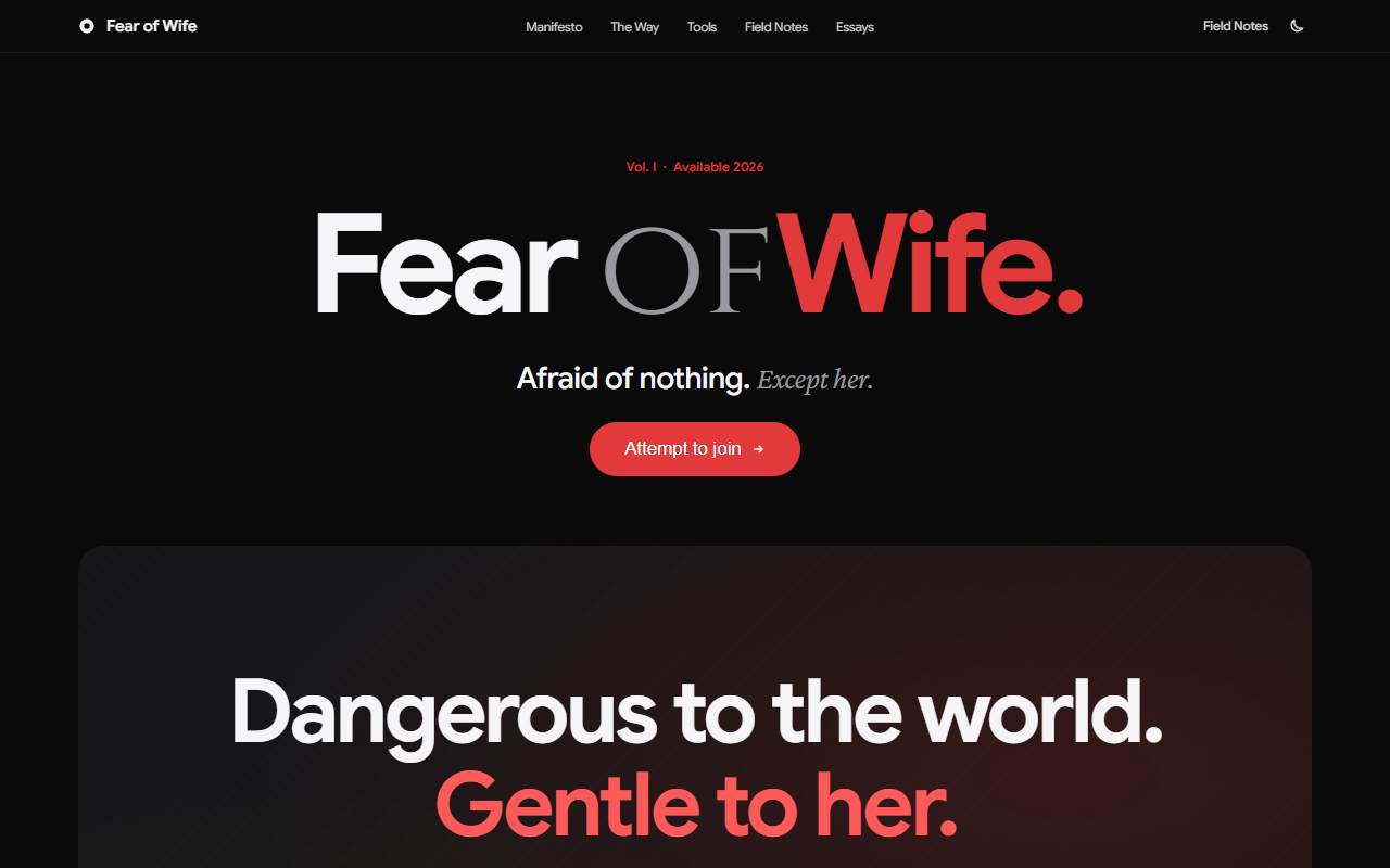 Fear of Wife landing page with its brand headline and join action