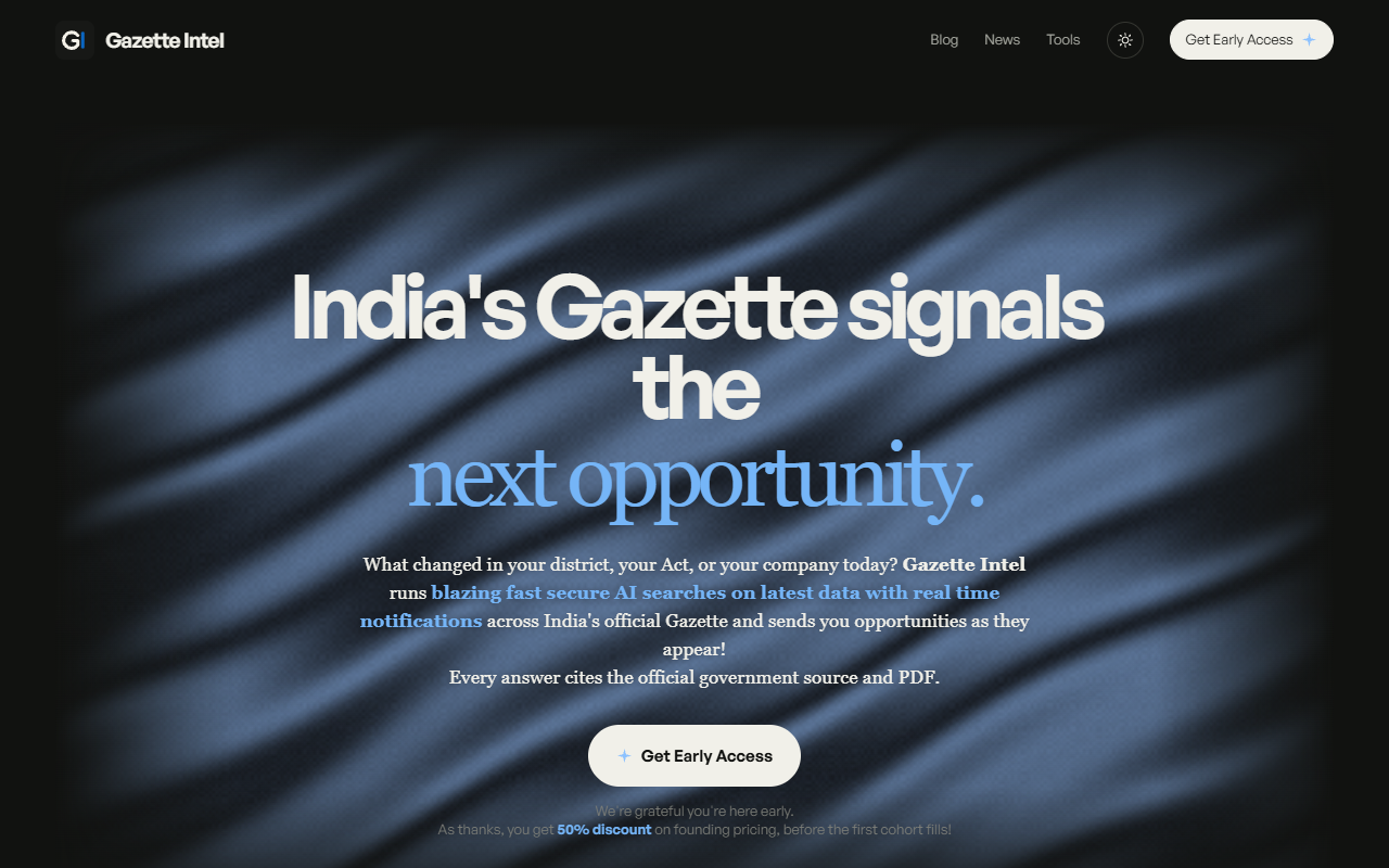 Gazette Intel landing page with its public-records search headline and early-access action