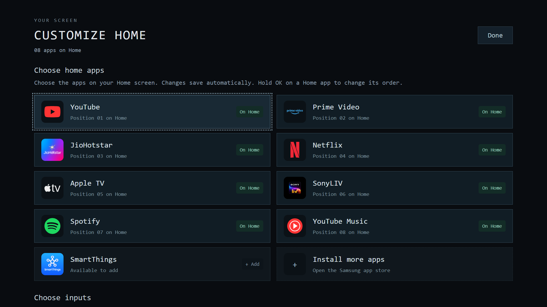 Dark two-column app library with controls for choosing home apps