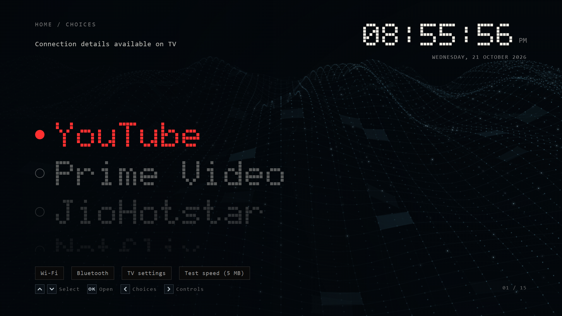 Dot Home with large pixel app lettering, a two-digit clock, and two blue ocean waves
