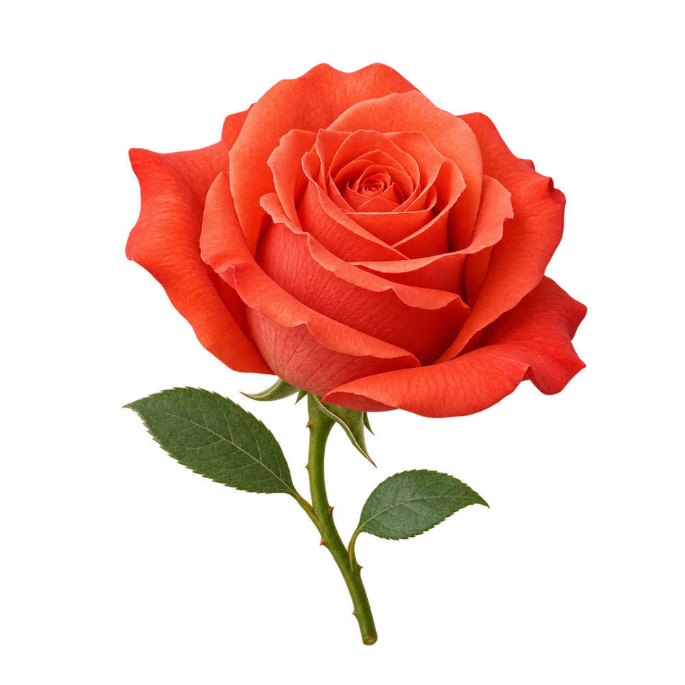 A coral rose with green leaves